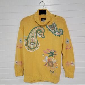 VTG 90s Harolds Size Small Hand-Framed Turtleneck Sweater Paisley Floral 3D Knit